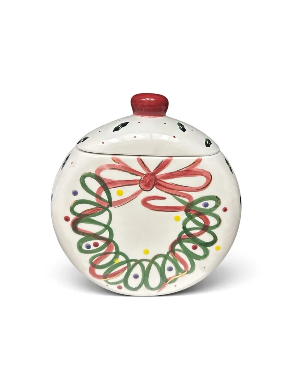 Festive Holiday Wreath Ceramic Cookie Jar - White with Red & Green